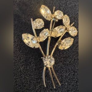 Vintage Silver Tone Crystal Floral Brooch